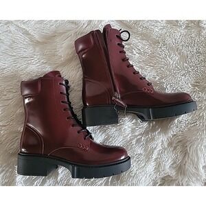 Coach Lyra or Forster Patent Leather Combat Boots in a Burgundy Color US 5B
